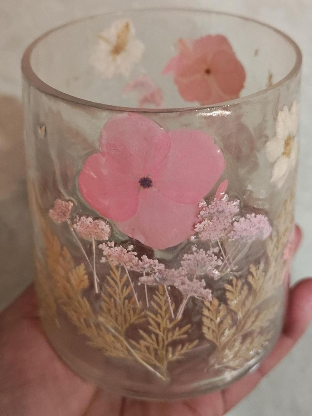 Cottage Core Pink Floral Glass Lantern Pressed Flower Tea Light Holder